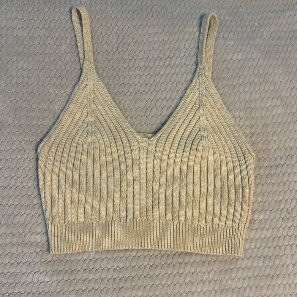 Beige Ribbed Knit Crop Top
